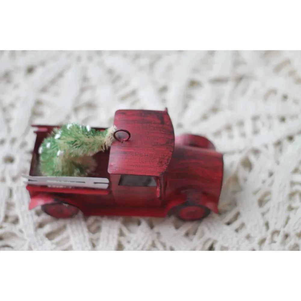 farmhouse style Christmas ornament with vintage style red pickup truck and tree